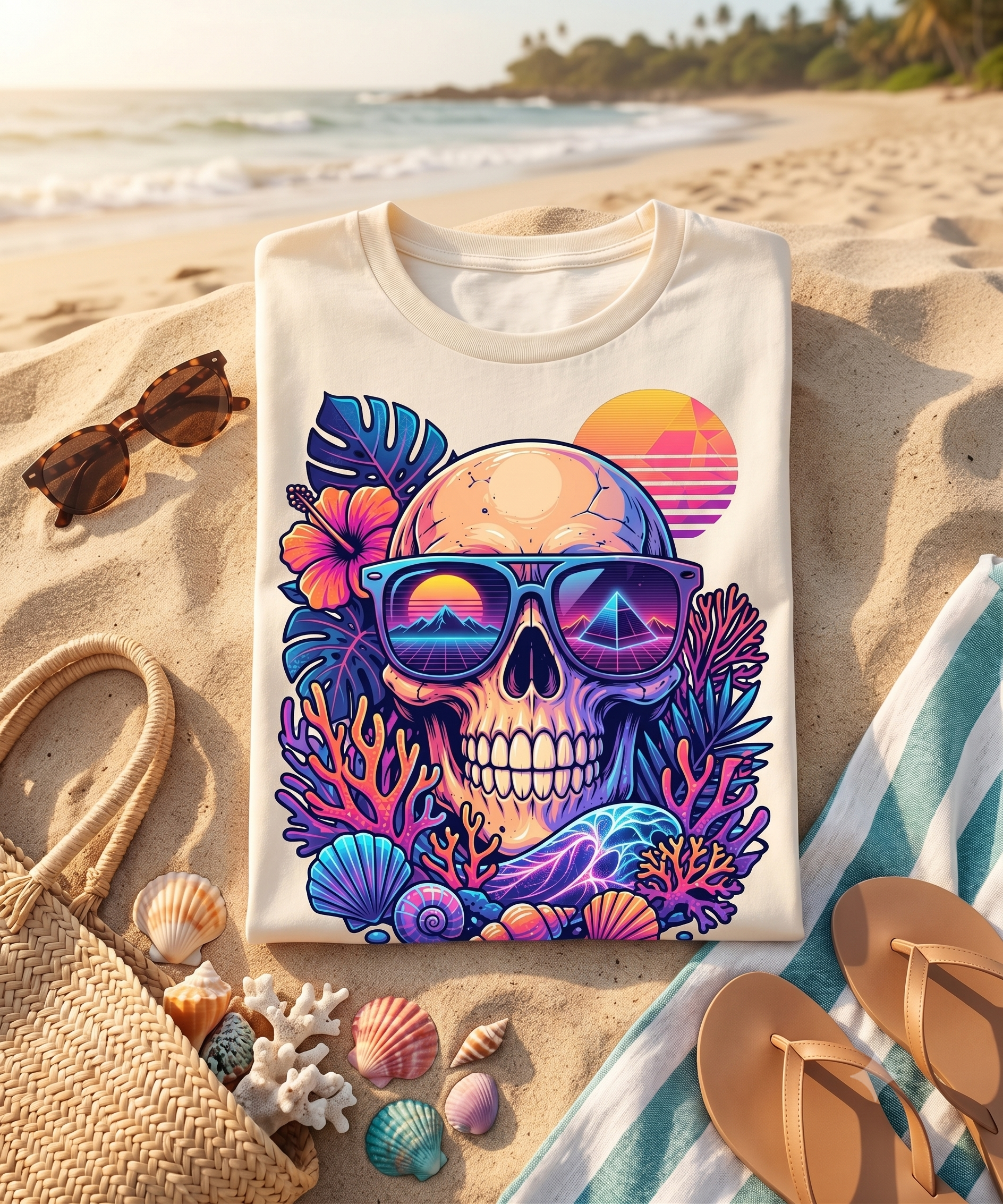 Retro Summer Skull PNG - Synthwave Tropical Beach Clipart, 80s Sunset Sunglasses Sublimation Design, Vaporwave Skull Digital Download