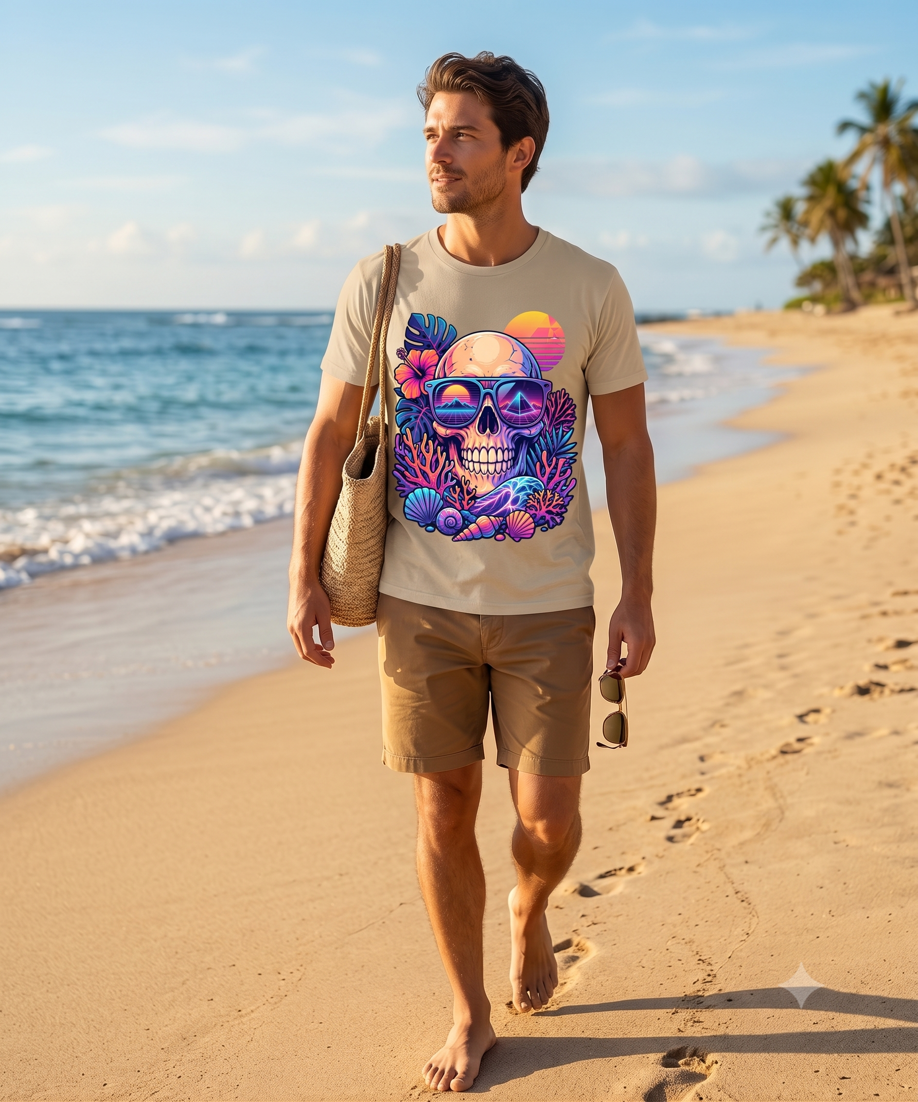 Retro Summer Skull PNG - Synthwave Tropical Beach Clipart, 80s Sunset Sunglasses Sublimation Design, Vaporwave Skull Digital Download