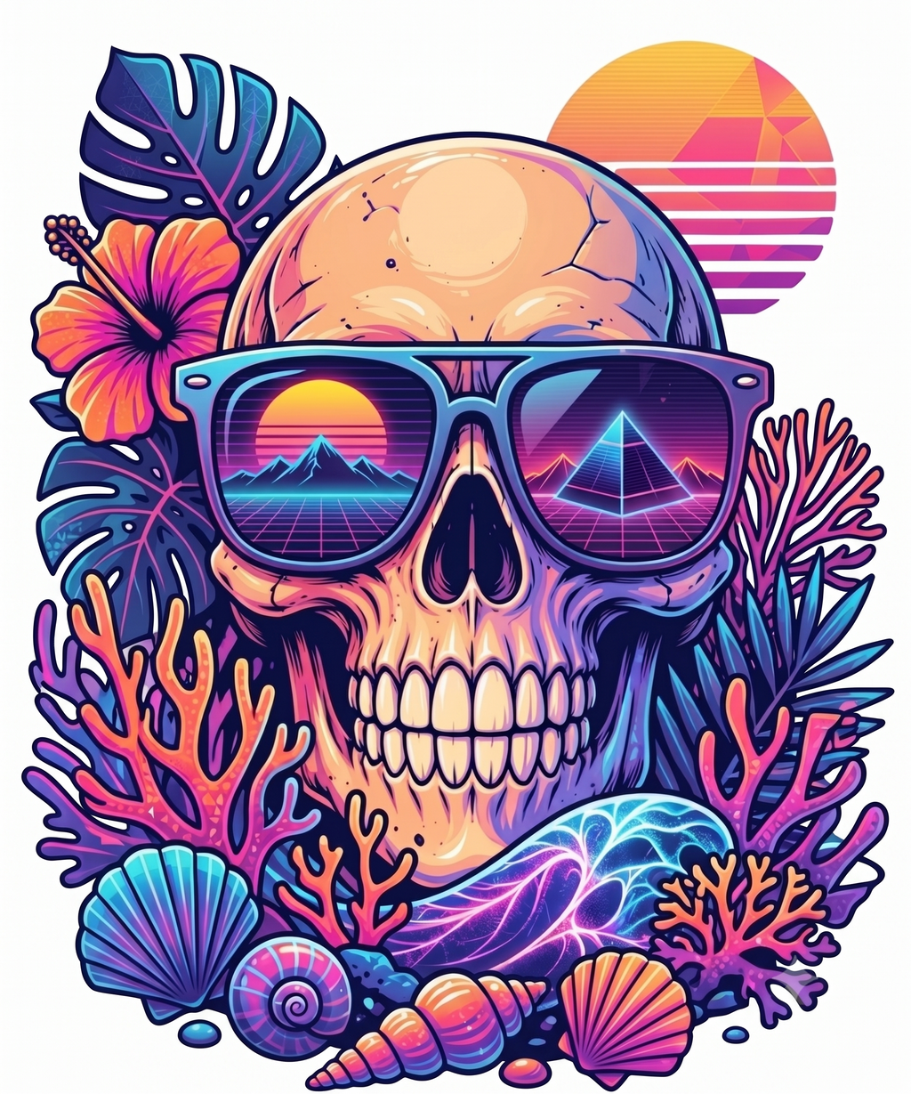 Retro Summer Skull PNG - Synthwave Tropical Beach Clipart, 80s Sunset Sunglasses Sublimation Design, Vaporwave Skull Digital Download