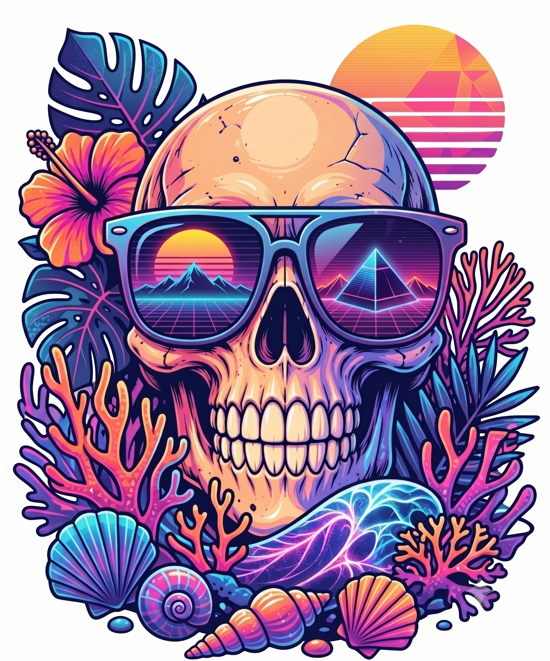 Retro Summer Skull PNG - Synthwave Tropical Beach Clipart, 80s Sunset Sunglasses Sublimation Design, Vaporwave Skull Digital Download