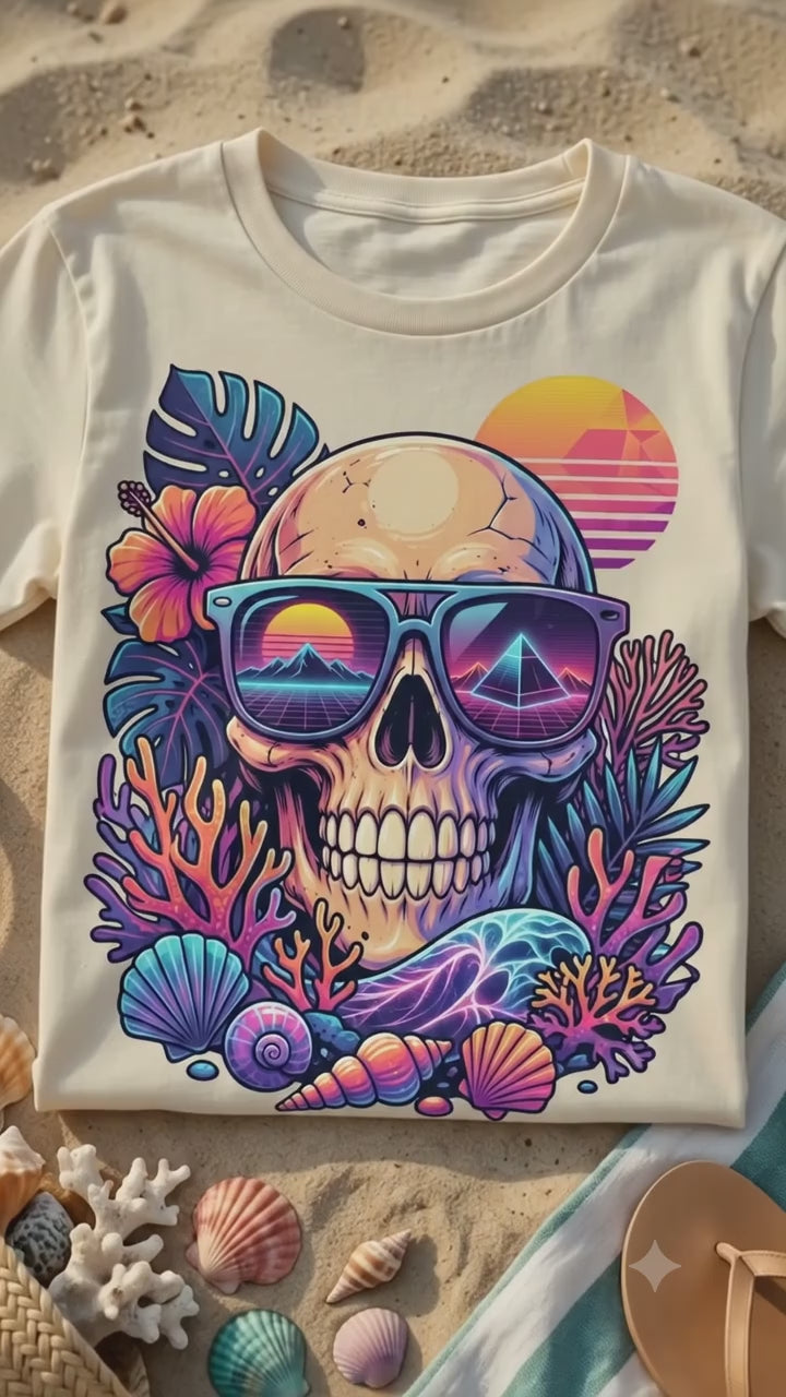 Retro Summer Skull PNG - Synthwave Tropical Beach Clipart, 80s Sunset Sunglasses Sublimation Design, Vaporwave Skull Digital Download
